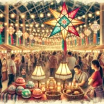 A vibrant indoor Filipino-American Christmas celebration at Pasko sa Nayon, hosted by Fil-Am FEST Inc., featuring festive décor, cultural performances, and a joyful community gathering.