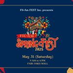 Fil-Am Spring Fest 2025 event flyer featuring Filipino-American cultural performances, food vendors, small businesses, and family-friendly activities in Fairfax, Virginia on May 31, 2025.